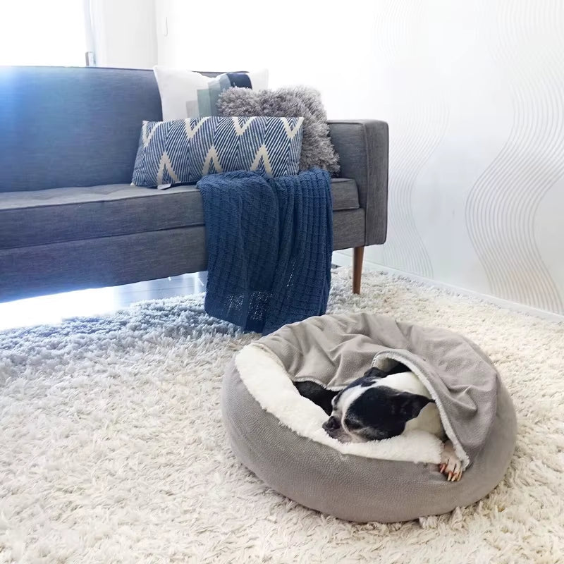 Orthopedic Dog Bed with Hooded Blanket Winter Warm Waterproof Dirt Resistant Cat Puppy House Cuddler Machine Washable