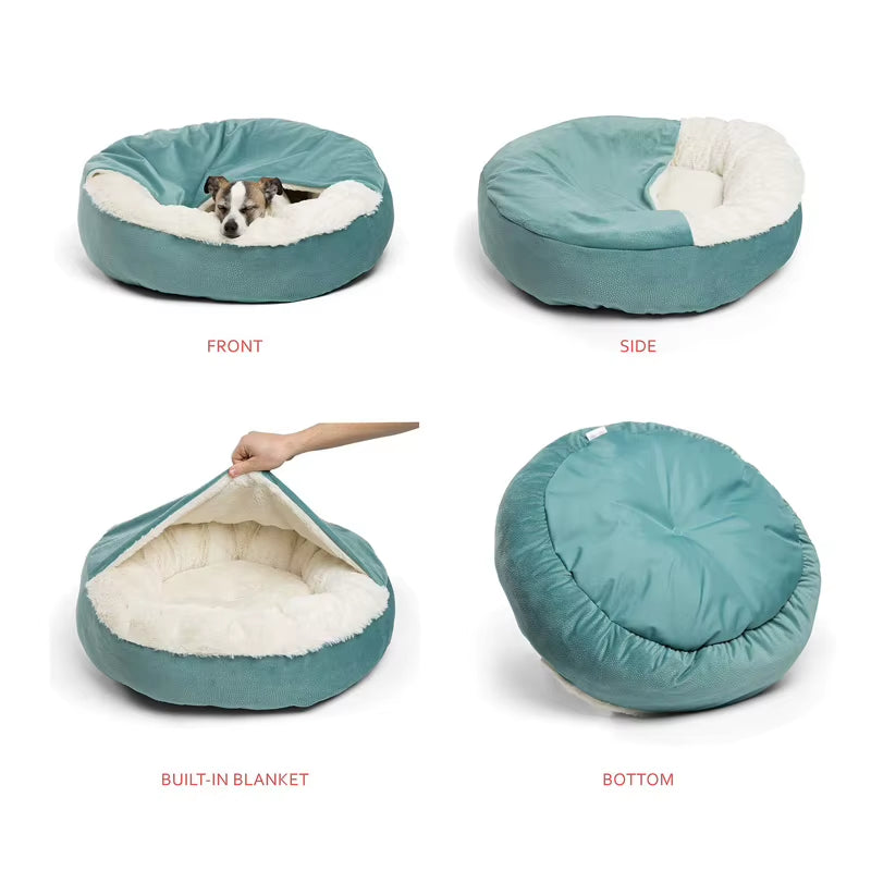 Orthopedic Dog Bed with Hooded Blanket Winter Warm Waterproof Dirt Resistant Cat Puppy House Cuddler Machine Washable