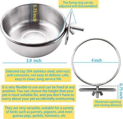 3 Pieces Stainless Steel Bird Feeding Dish Cups, Bird Feeder Parrot Food Water Bowls with Clamp, Pet Cage Cups Holder for Bird Parrot Cockatiel Conure Budgies Parakeet Small Animal